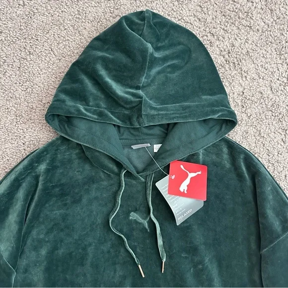 Puma Deep Green Velour Hoodie Logo Embroidered Womens S - Picture 7 of 14